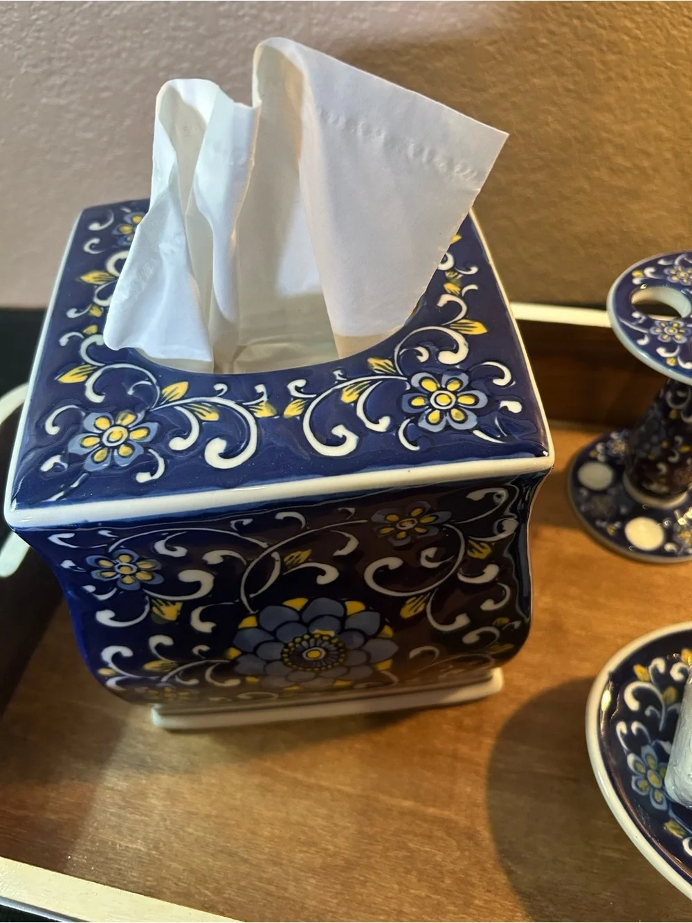 VTG Talavera Style Ceramic Bathroom Vanity Set 4pc Blue, Maize Tissue Box Cover